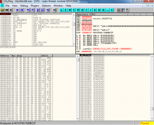 Breakpoint hit in the OllyDbg debugger.