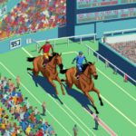 The image shows a horse race scene generated by Midjourney.