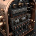 Photorealistic view of the inside of a modern microprocessor according to the Midjourney algorithm. It shows a circuit in steampunk style.
