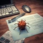 The picture shows a drawn virus sitting on a paper on a desktop. It serves to illustrate viruses embedded in office documents. The image was created by the Midjourney image generator.