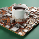 The picture shows a coffee cup sitting in the middle of a computer mainboard. The cop and the board look like plastic toys. The image was created by the Midjourney algorithm.