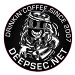 The image shows a coaster with the text "Drinking coffee since 2007 - deepsec.net". In the middle of the coaster there is a coffee cup with a face. Design by our graphics designer fx@fs.co.at.