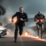 Generated picture, prompt was: james bond being chased by a t-800 terminator robot from futurama, thriller, vibrant color grading